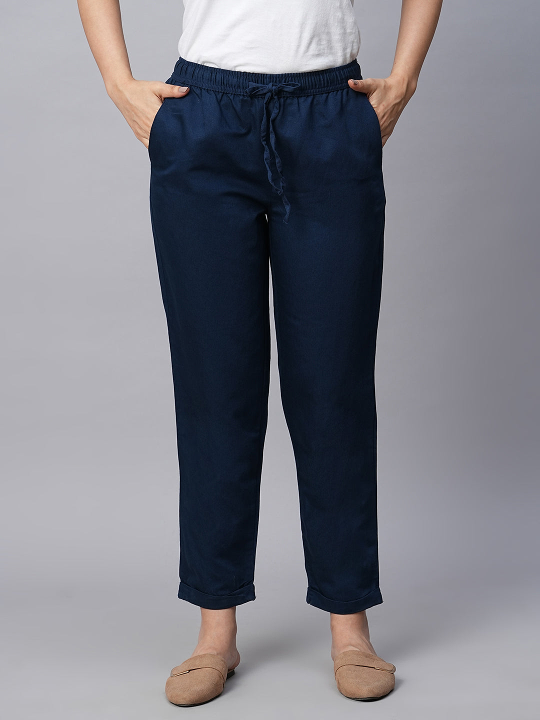 Women's Navy Linen Cotton Regular Fit Pant