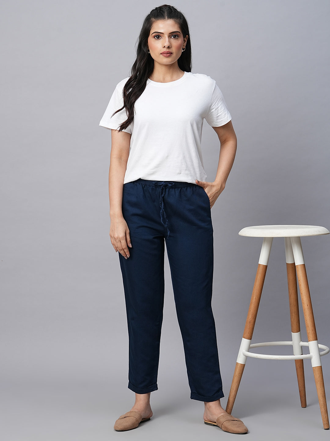 Women's Navy Linen Cotton Regular Fit Pant
