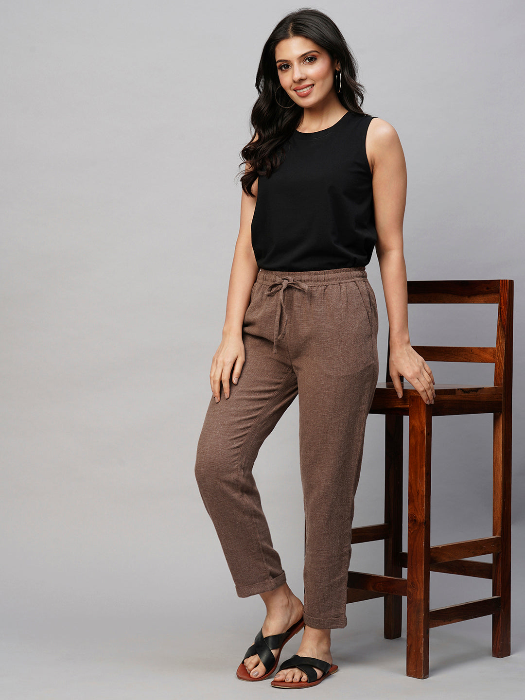 Women's Linen Cotton Brown Regular Fit Pant