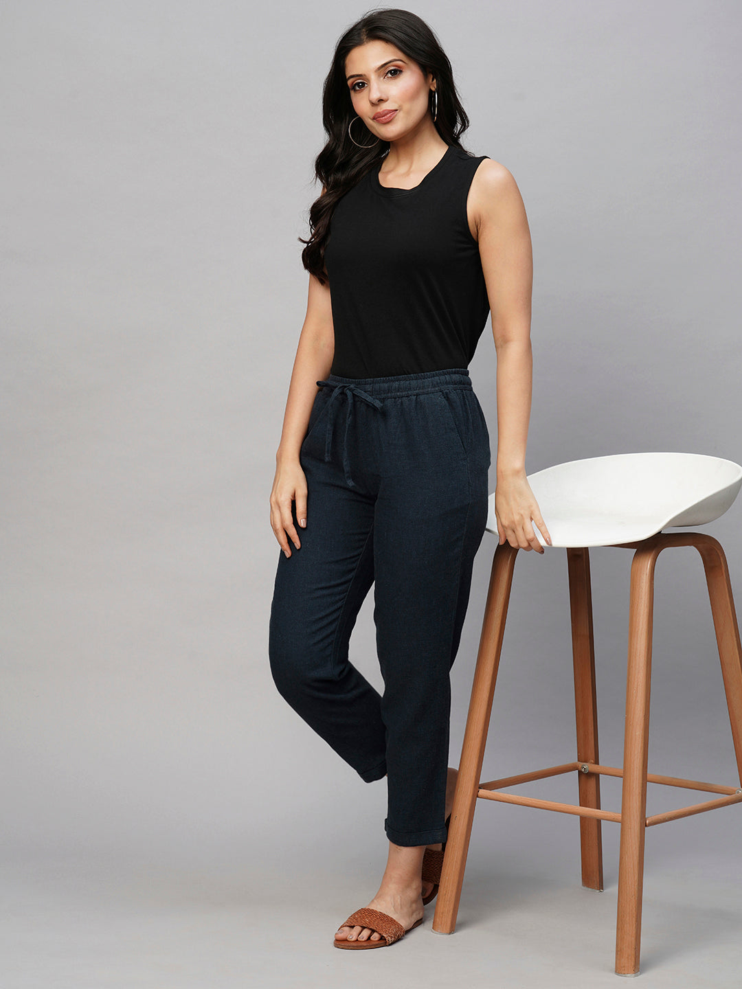 Women's Linen Cotton Navy Regular Fit Pant