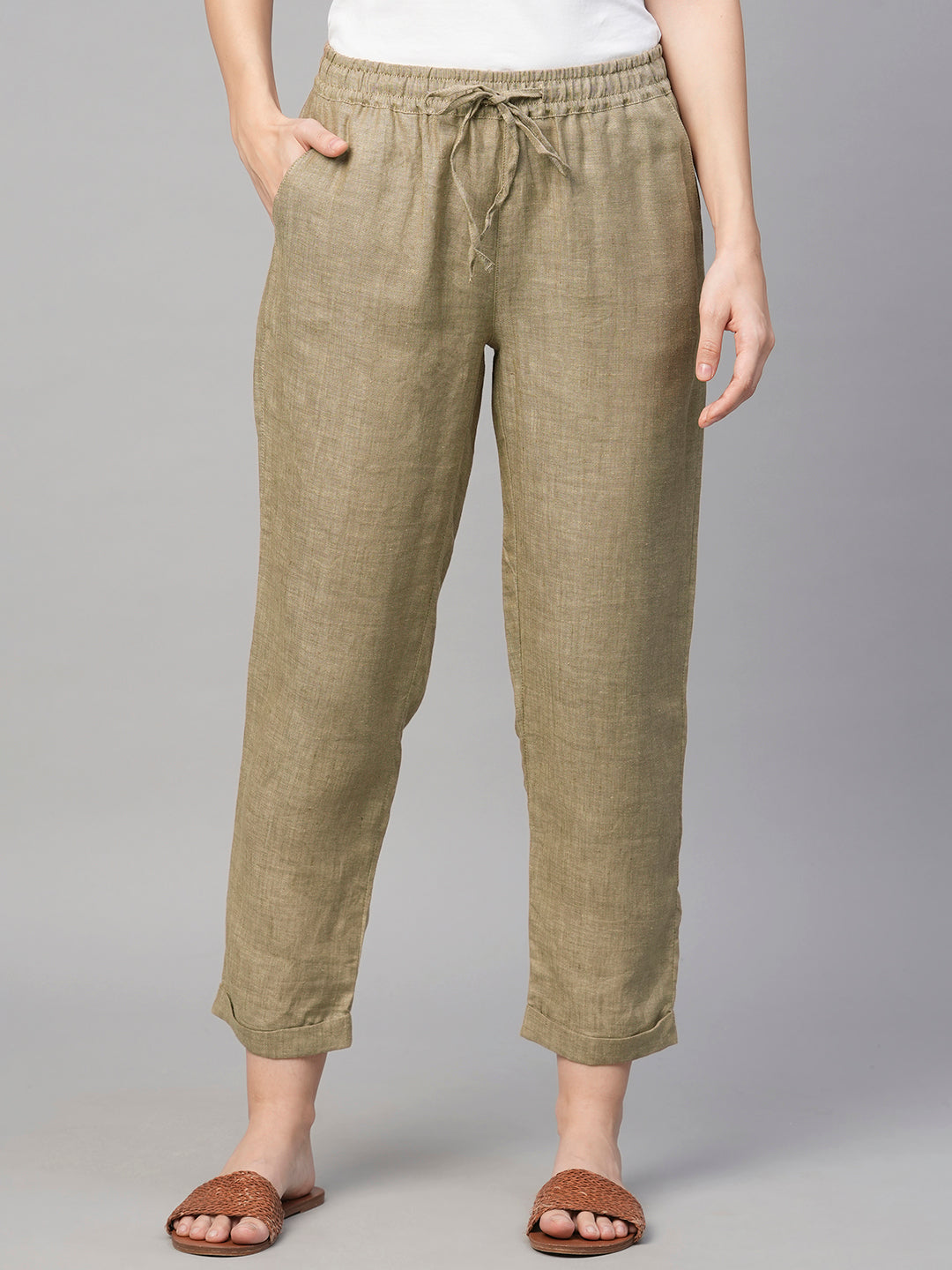 Women's Linen Khaki Regular Fit Pant