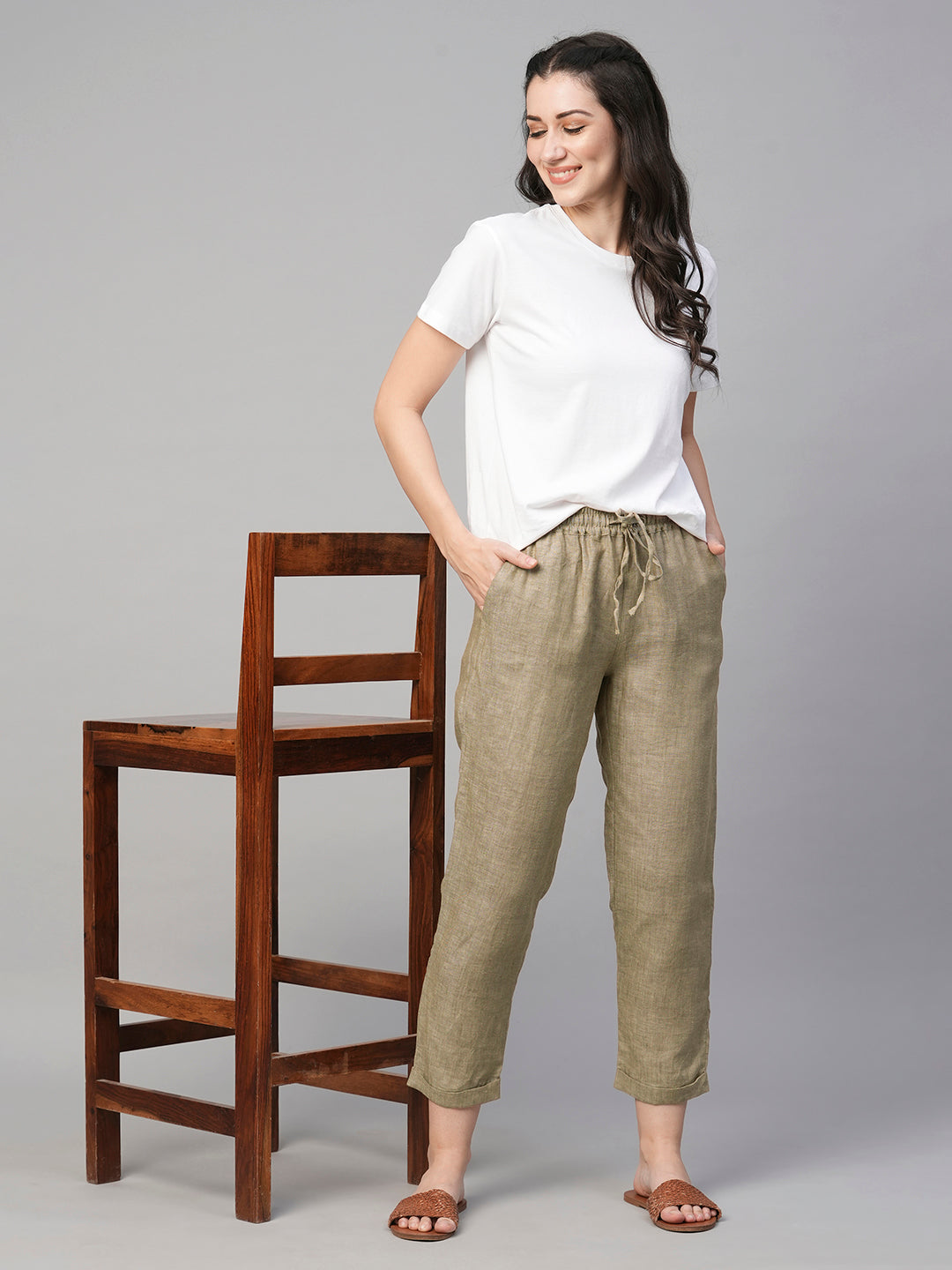 Women's Linen Khaki Regular Fit Pant