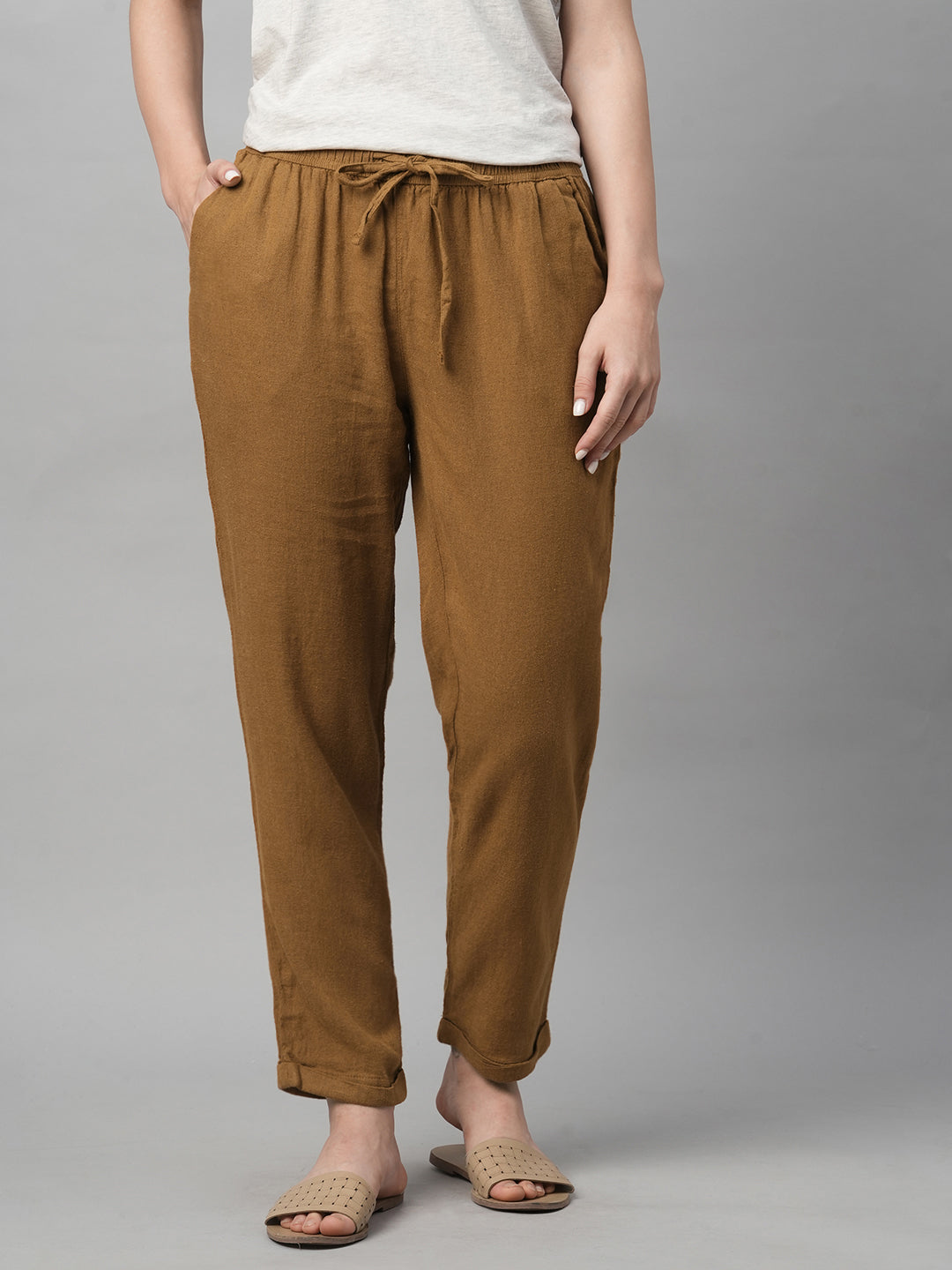 Women's Mustard Linen Viscose Regular Fit Pant