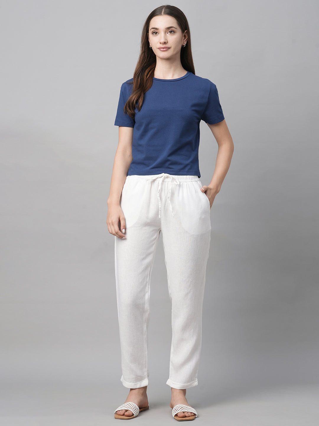 Women's White Linen Viscose Regular Fit Pant