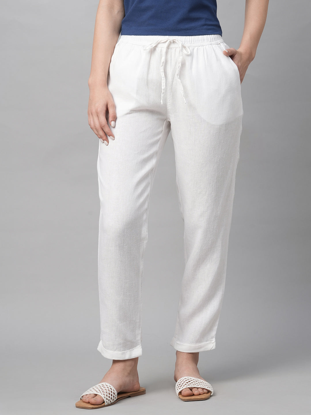 Women's White Linen Viscose Regular Fit Pant