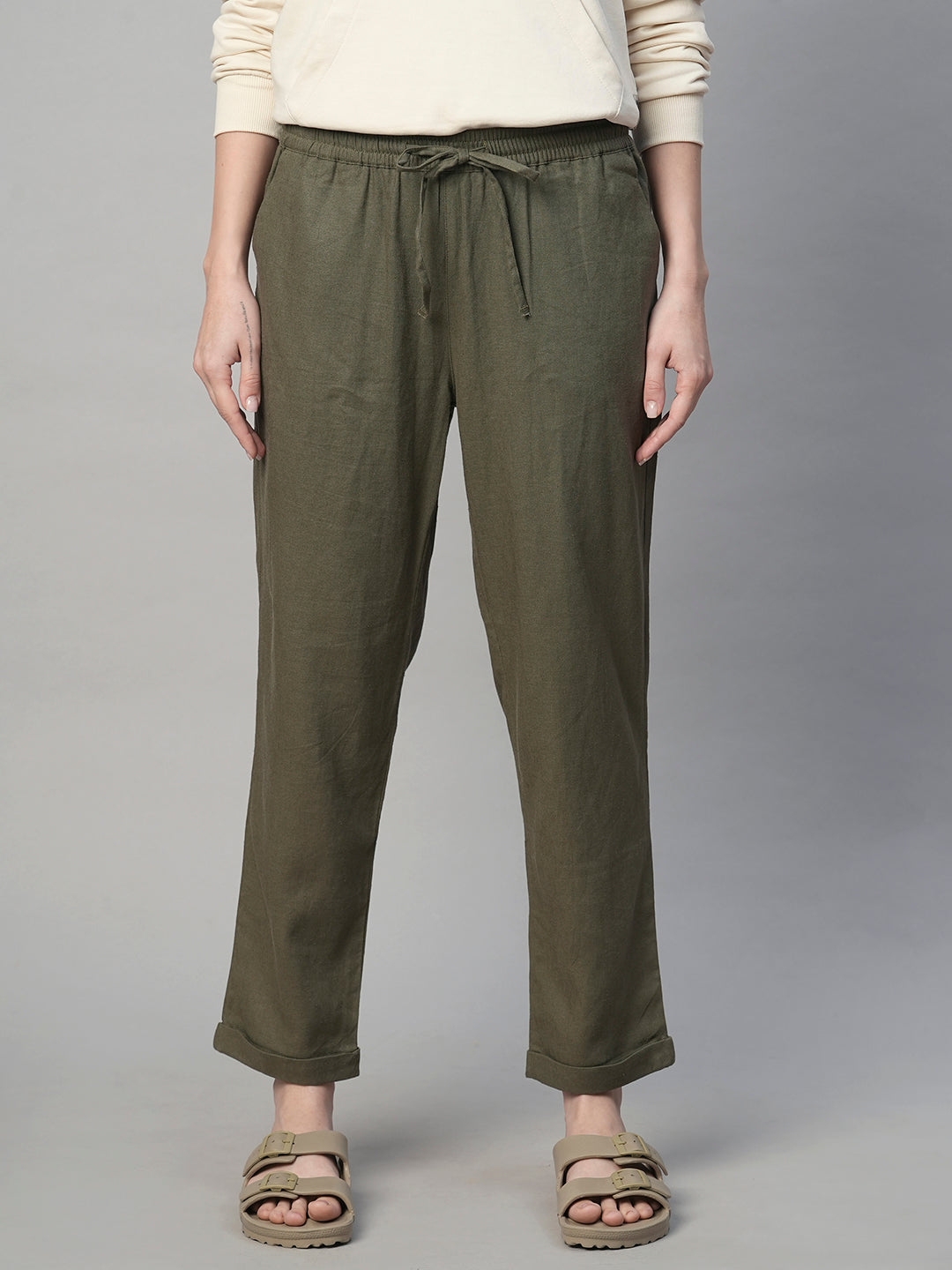 Women's Olive Linen Viscose Regular Fit Pant