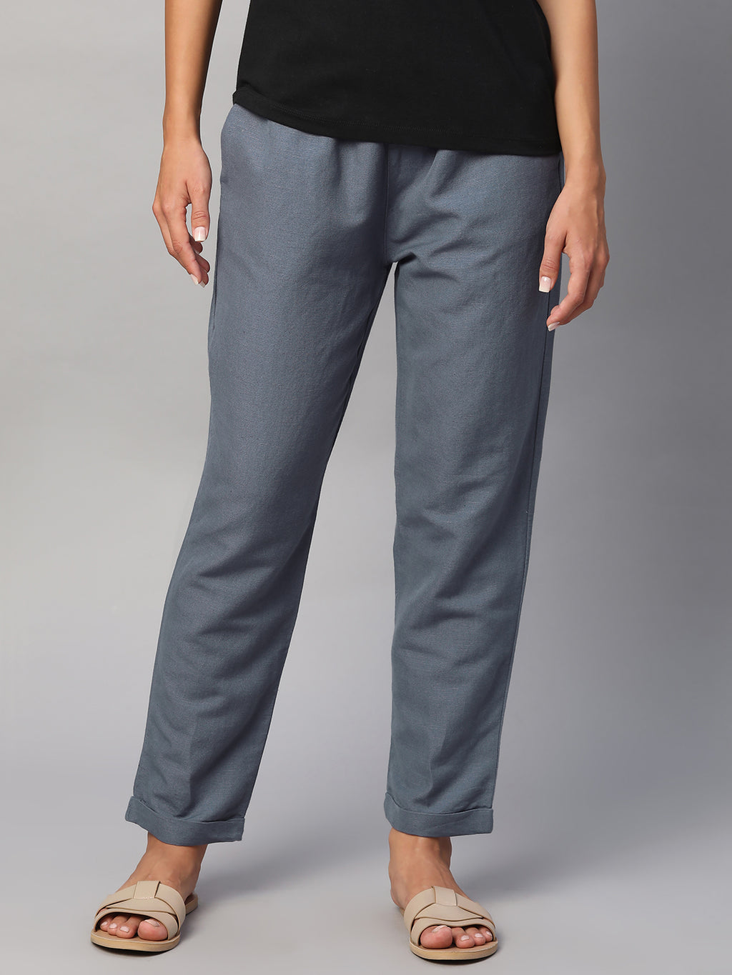 Women's Grey Linen Cotton Regular Fit Pant