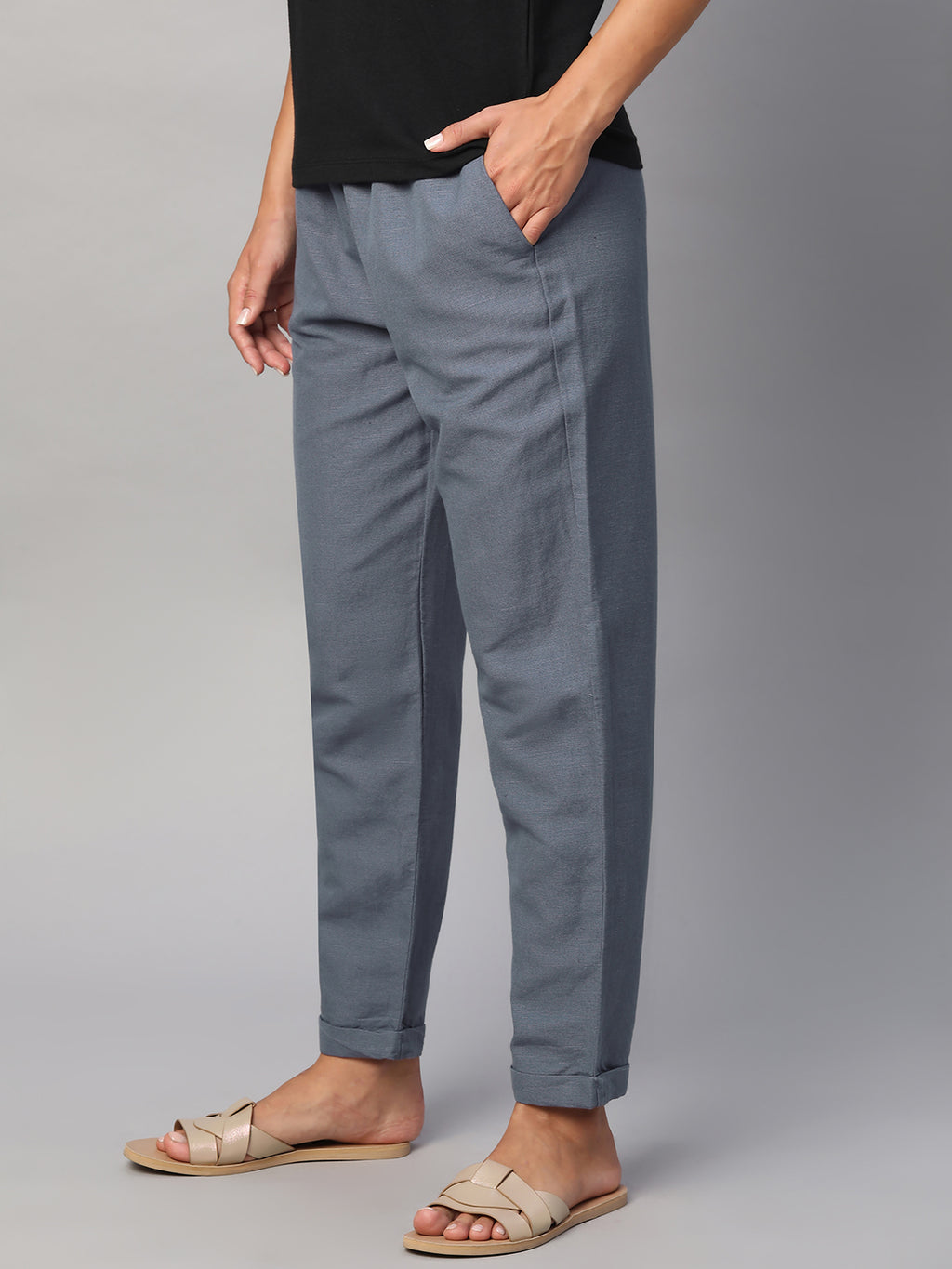 Women's Grey Linen Cotton Regular Fit Pant
