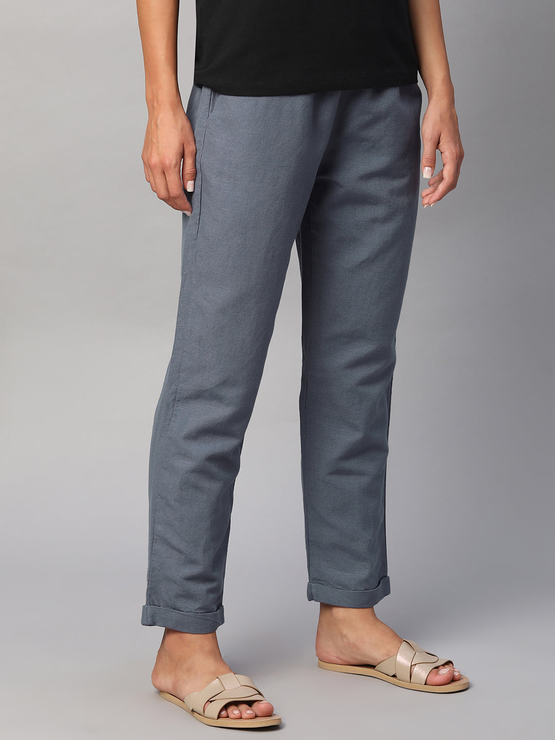 Women's Grey Linen Cotton Regular Fit Pant