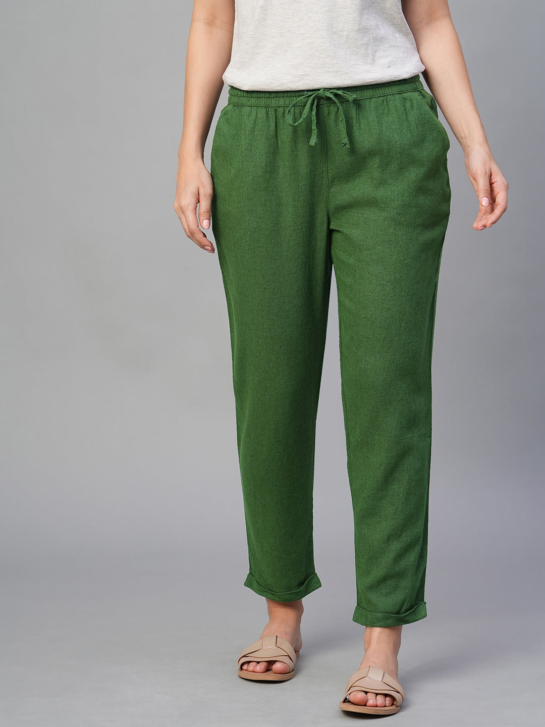 Women's Green Linen Viscose Regular Fit Pant