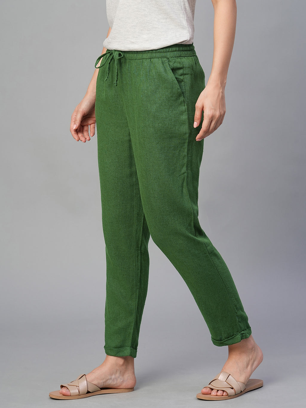 Women's Green Linen Viscose Regular Fit Pant