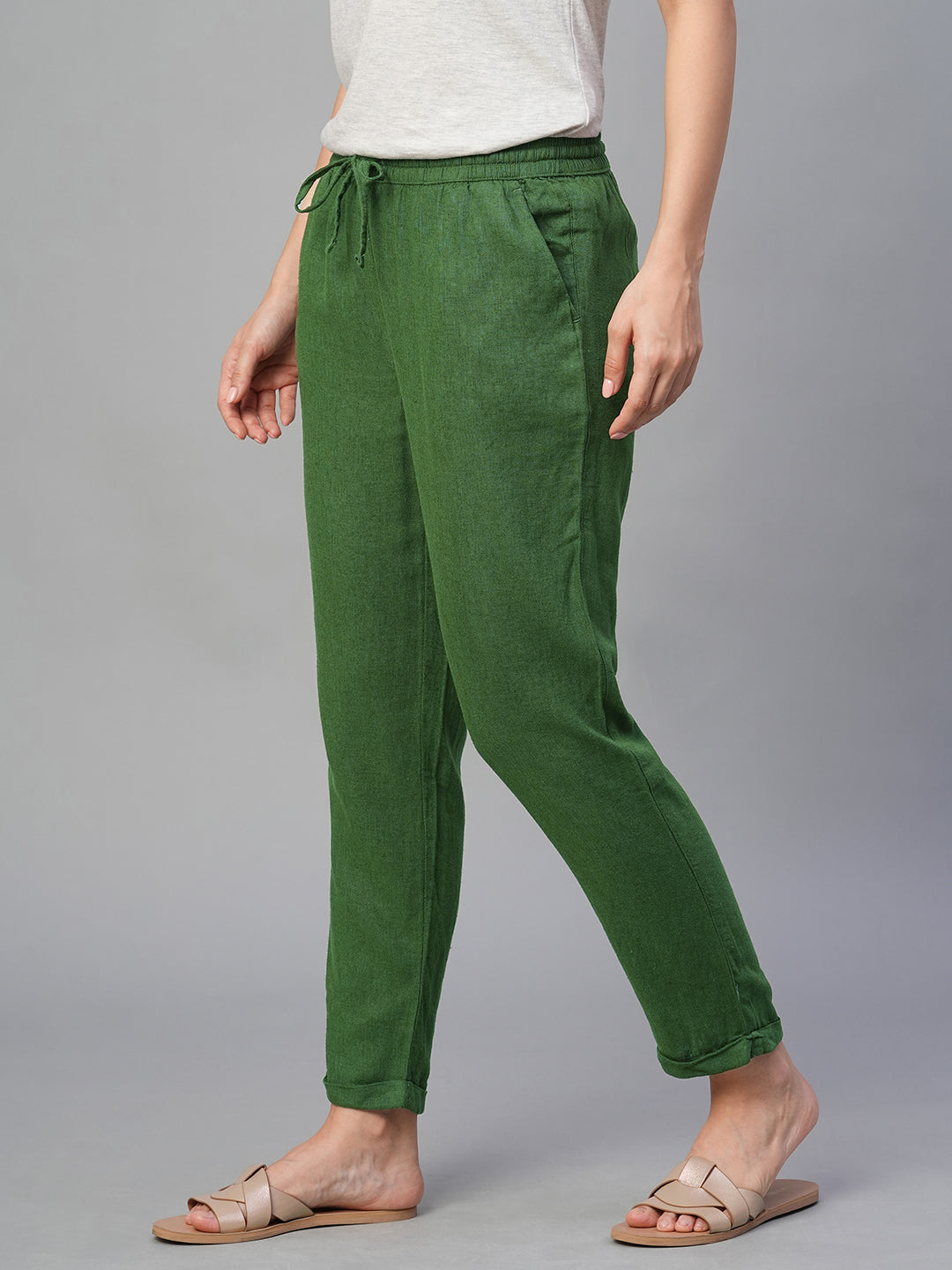 Women's Green Linen Viscose Regular Fit Pant