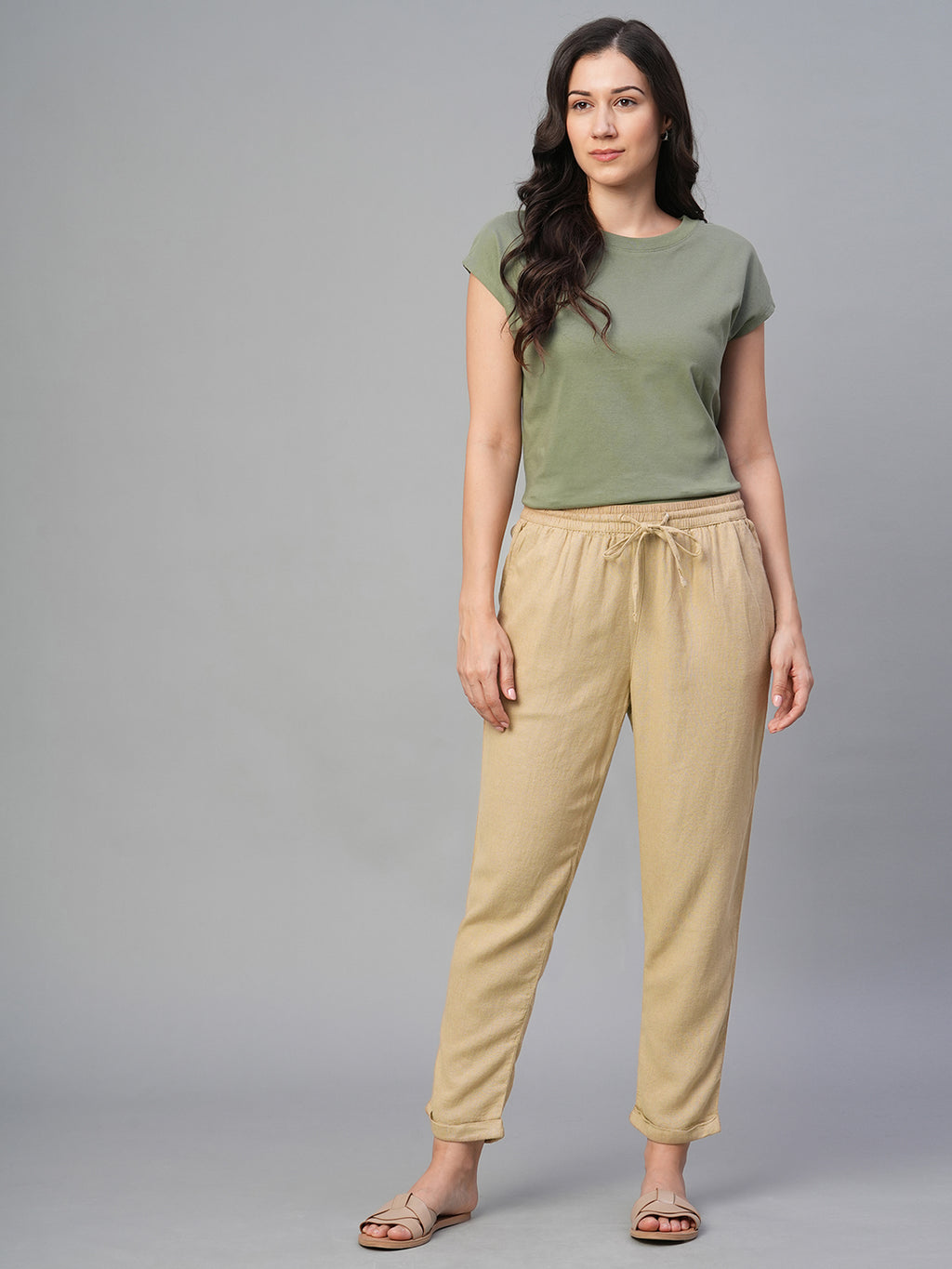 Women's Khaki Linen Viscose Regular Fit Pant