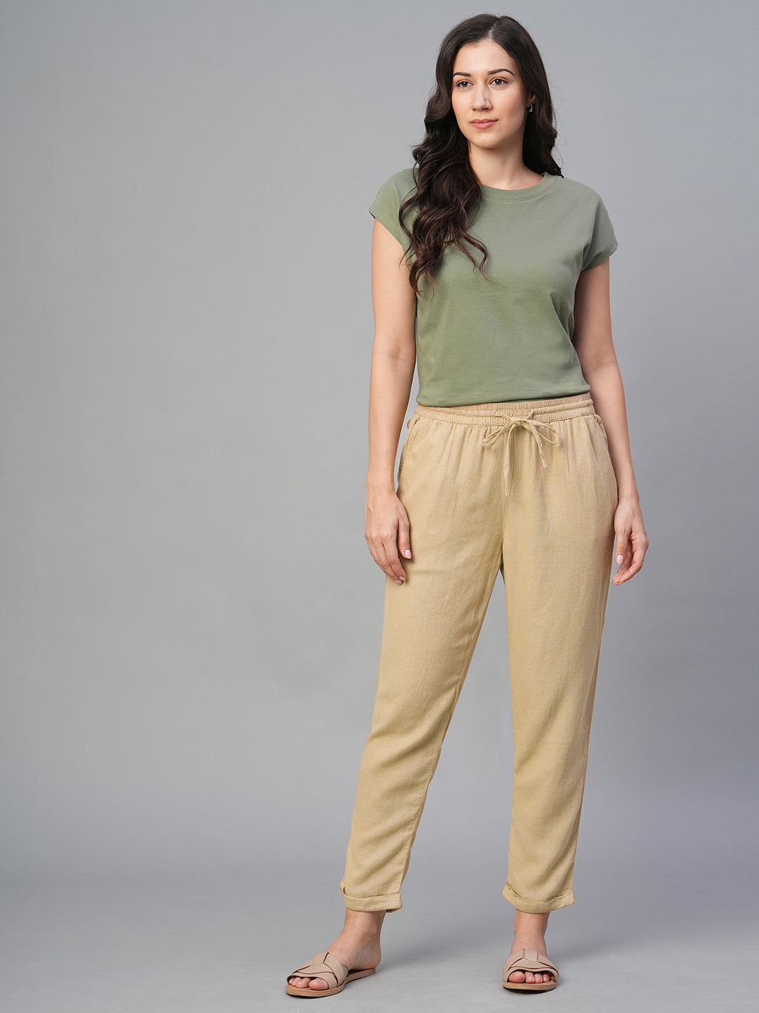 Women's Khaki Linen Viscose Regular Fit Pant