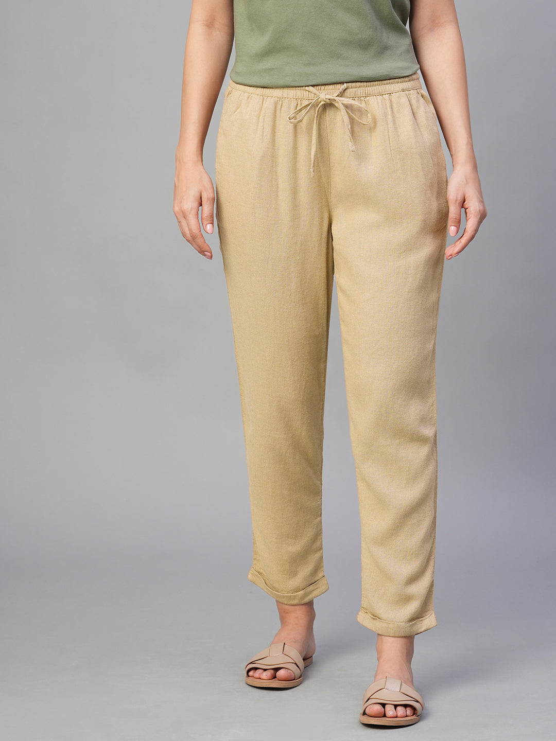Women's Khaki Linen Viscose Regular Fit Pant