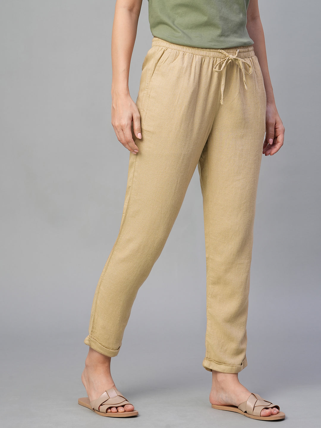 Women's Khaki Linen Viscose Regular Fit Pant