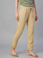 Women's Khaki Linen Viscose Regular Fit Pant