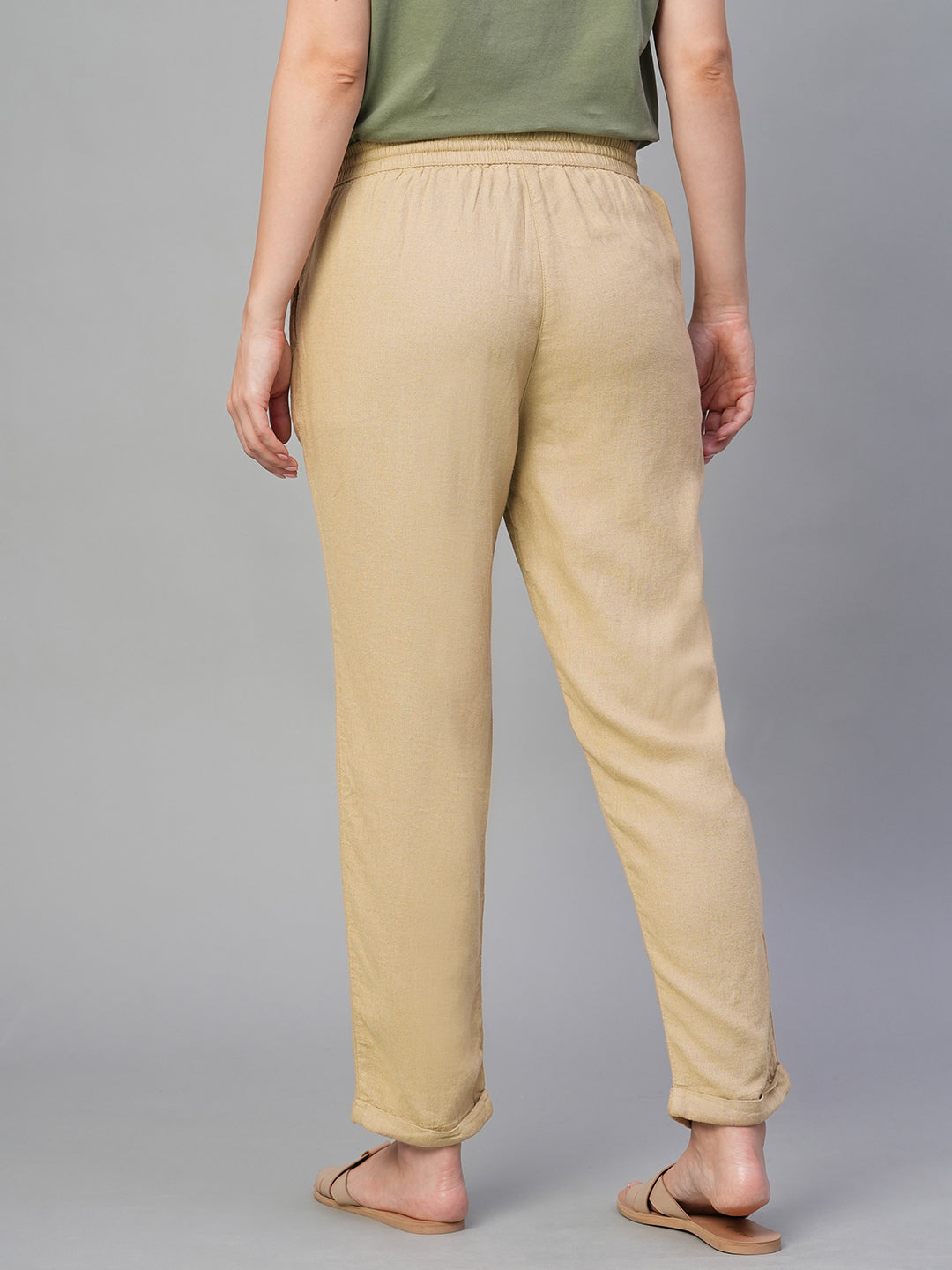 Women's Khaki Linen Viscose Regular Fit Pant