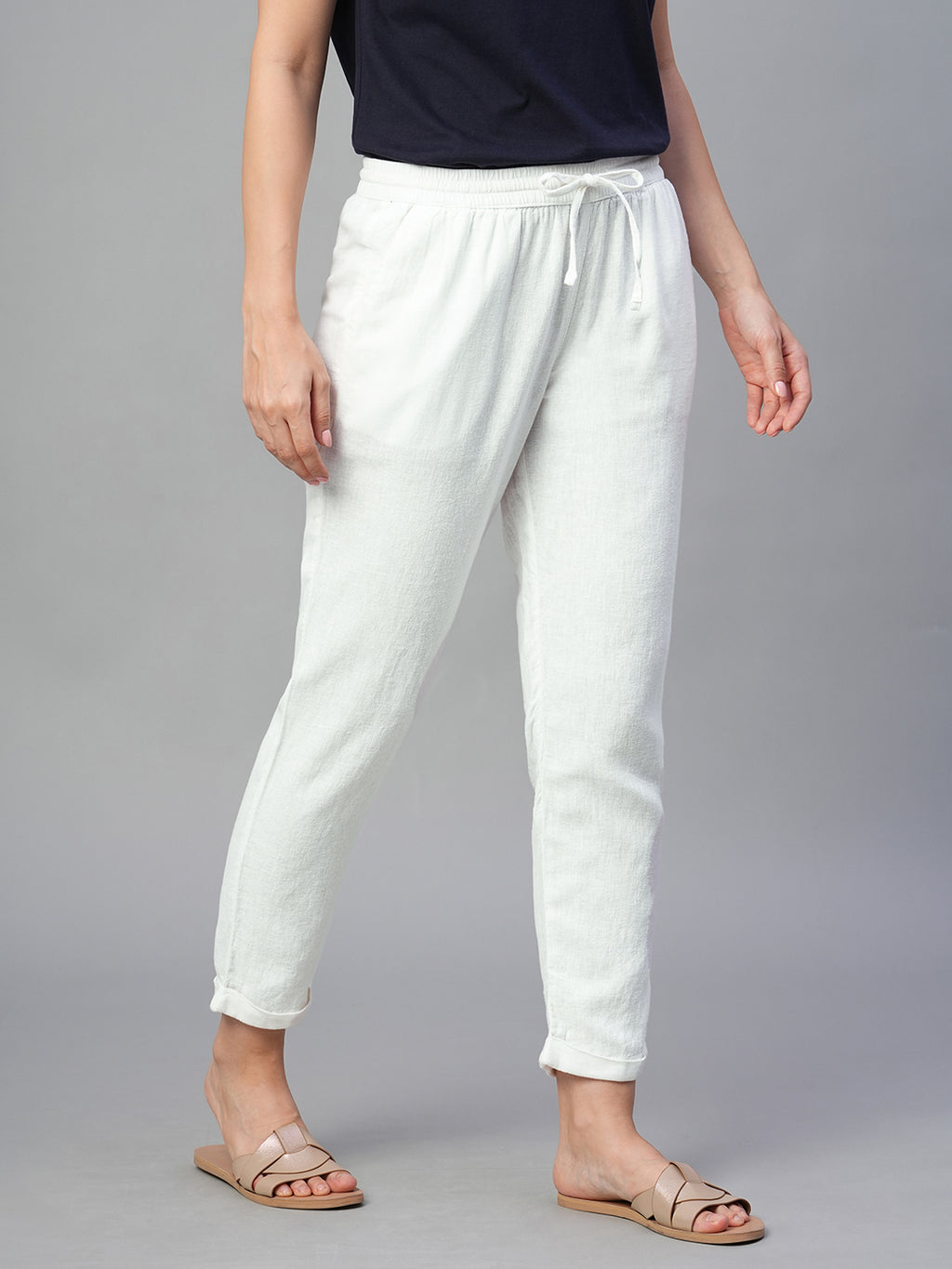 Women's White Linen Viscose Regular Fit Pant