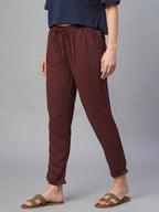 Women's Wine Linen Viscose Regular Fit Pant