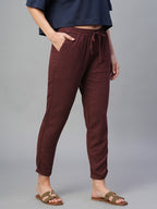 Women's Wine Linen Viscose Regular Fit Pant