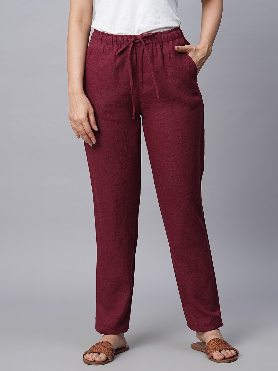 Women's Linen Viscose Maroon/Red Regular Fit Pant