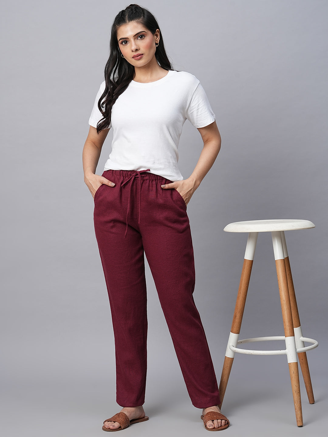 Women's Linen Viscose Maroon/Red Regular Fit Pant