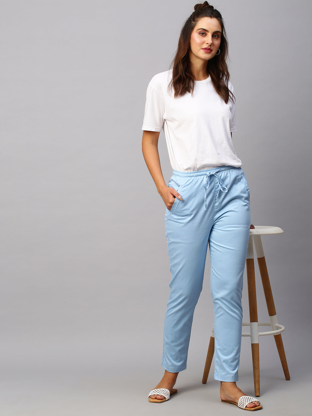 Women's Cotton Lycra Blue Regular Fit Pant