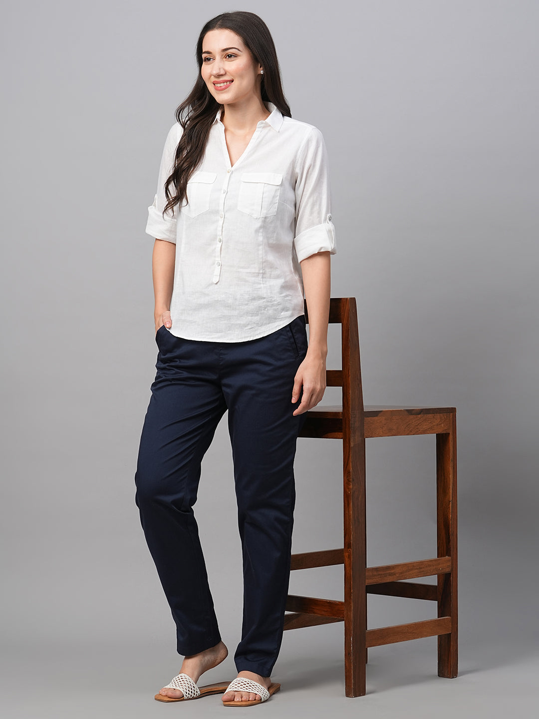 Women's Navy Cotton Lycra Regular Fit Pant