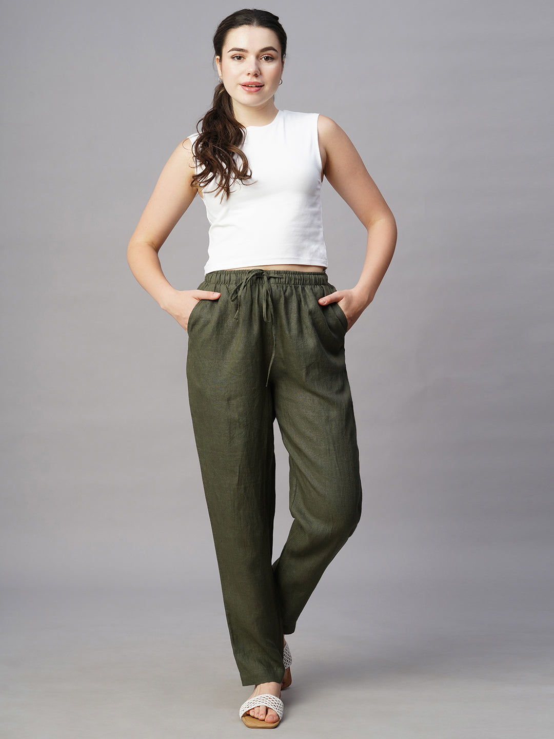 Women's Olive Linen Regular Fit Pant