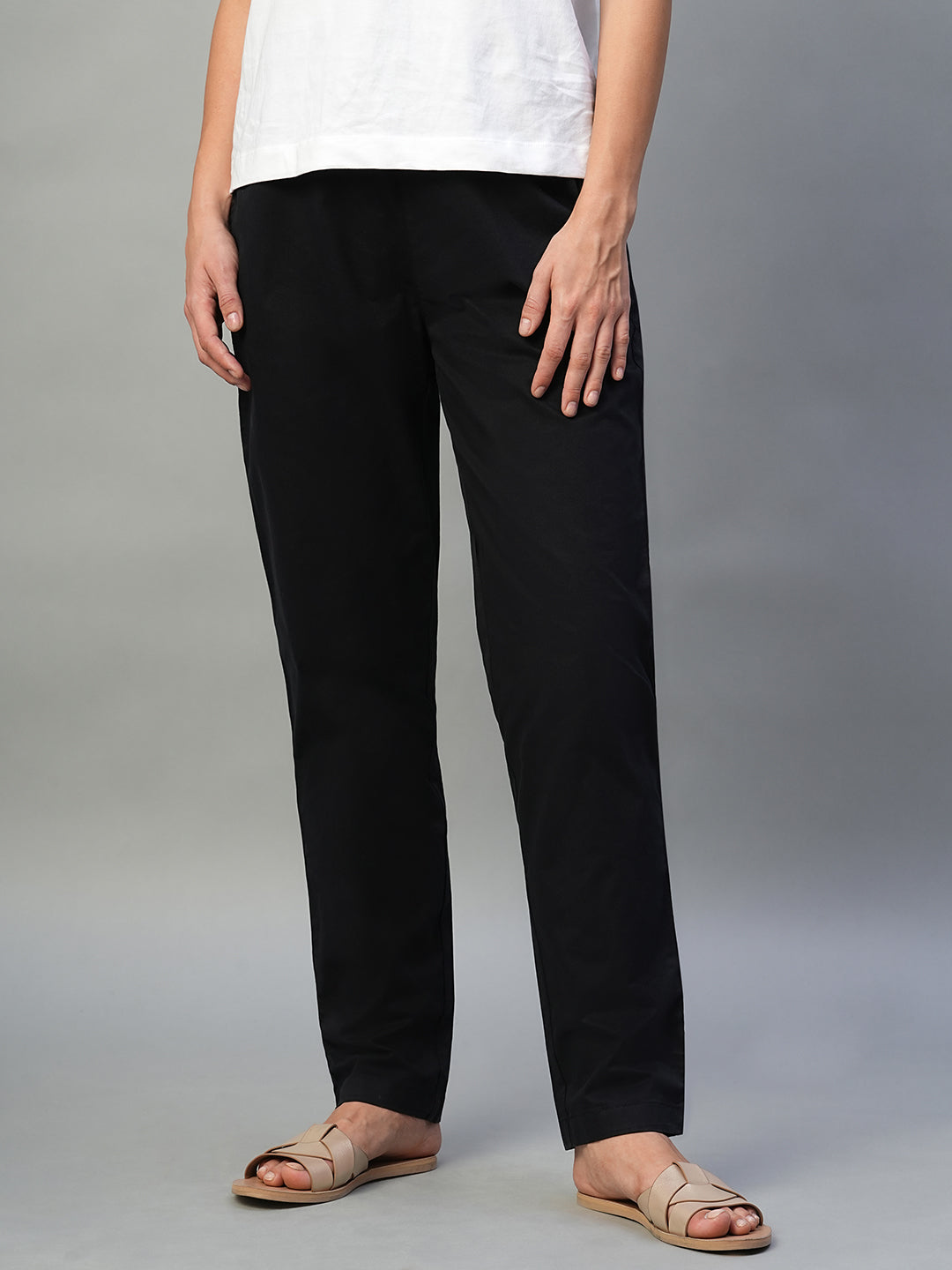 Women's Black Cotton Lycra Regular Fit Pant