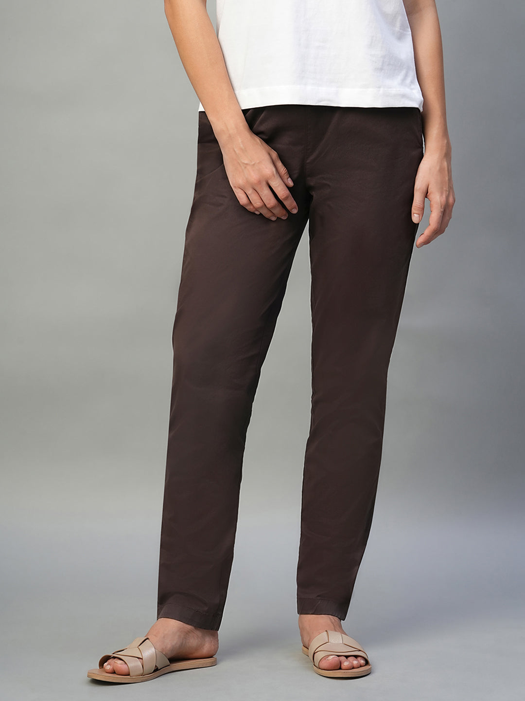 Women's Brown Cotton Lycra Regular Fit Pant