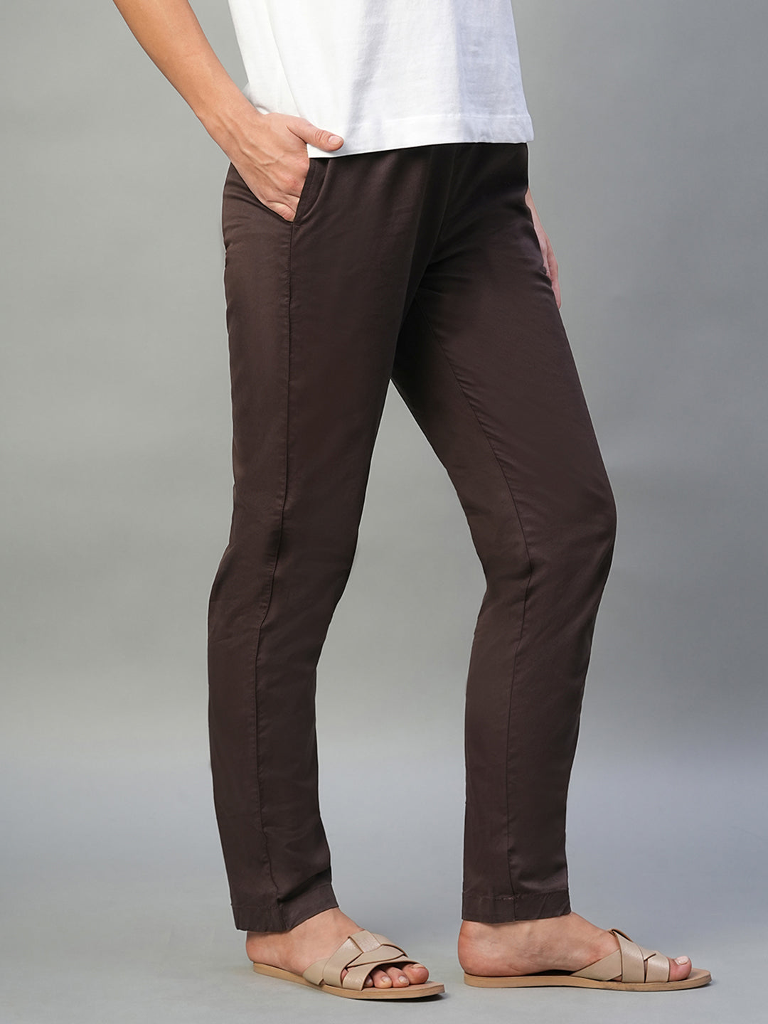 Women's Brown Cotton Lycra Regular Fit Pant