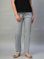 Women's Light Grey Cotton Lycra Regular Fit Pant