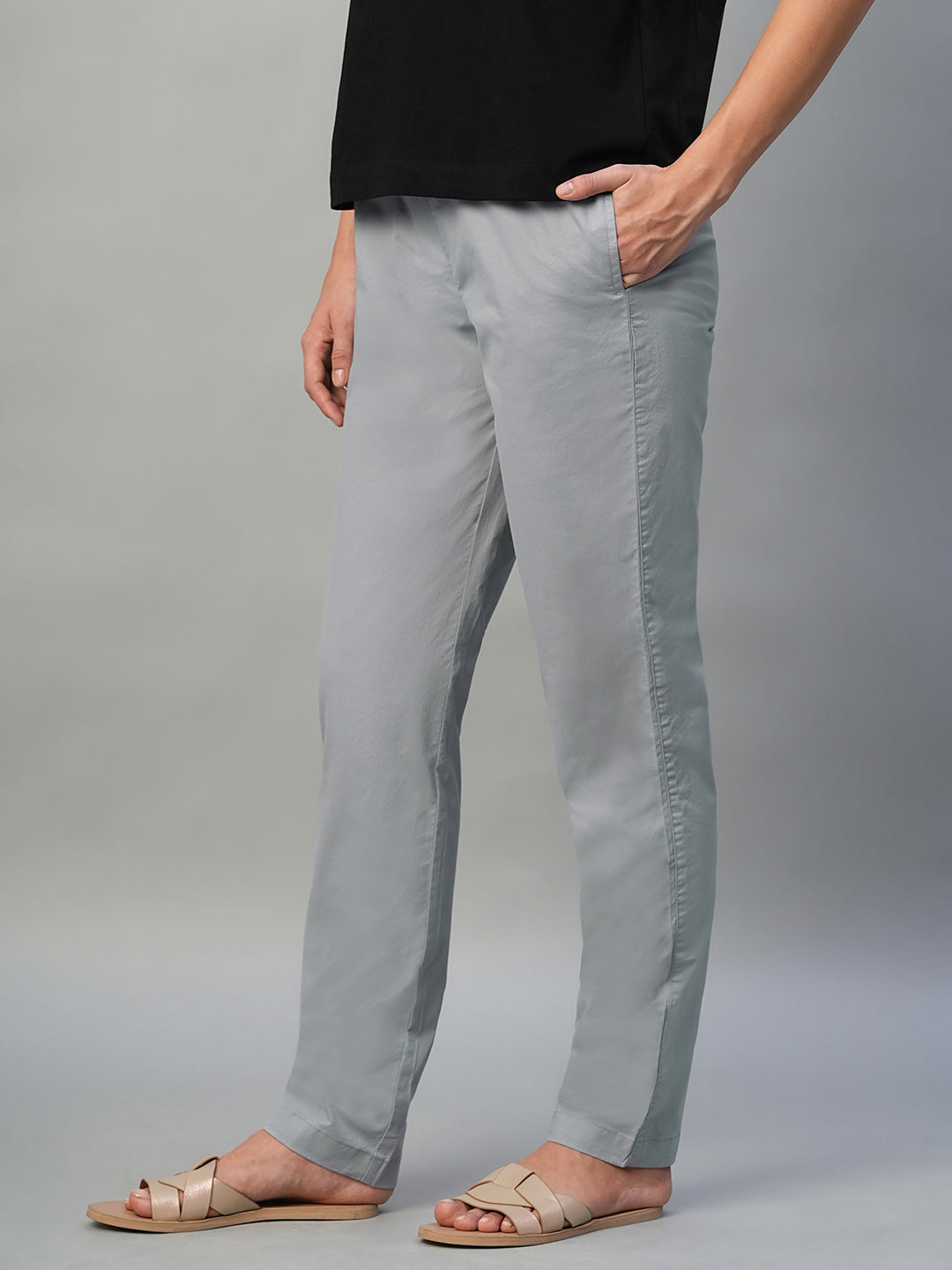 Women's Light Grey Cotton Lycra Regular Fit Pant