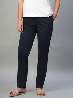Women's Cotton Lycra Regular Fit Straight Leg Pant Navy