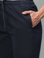 Women's Navy Cotton Lycra Regular Fit Pant