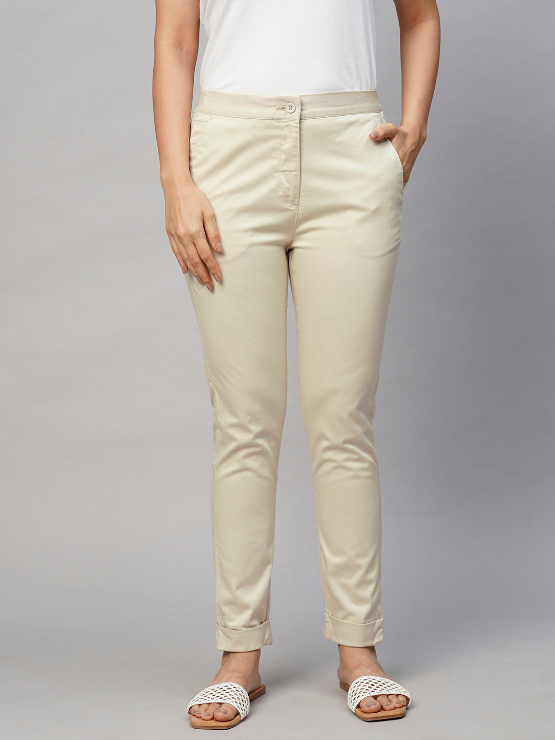 Women's Beige Cotton Lycra Slim Fit Pant
