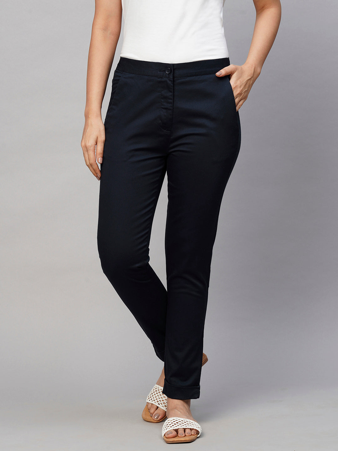 Women's Cotton Lycra Navy Slim Fit Pant