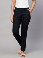 Women's Navy Cotton Lycra Slim Fit Pant
