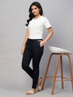 Women's Navy Cotton Lycra Slim Fit Pant