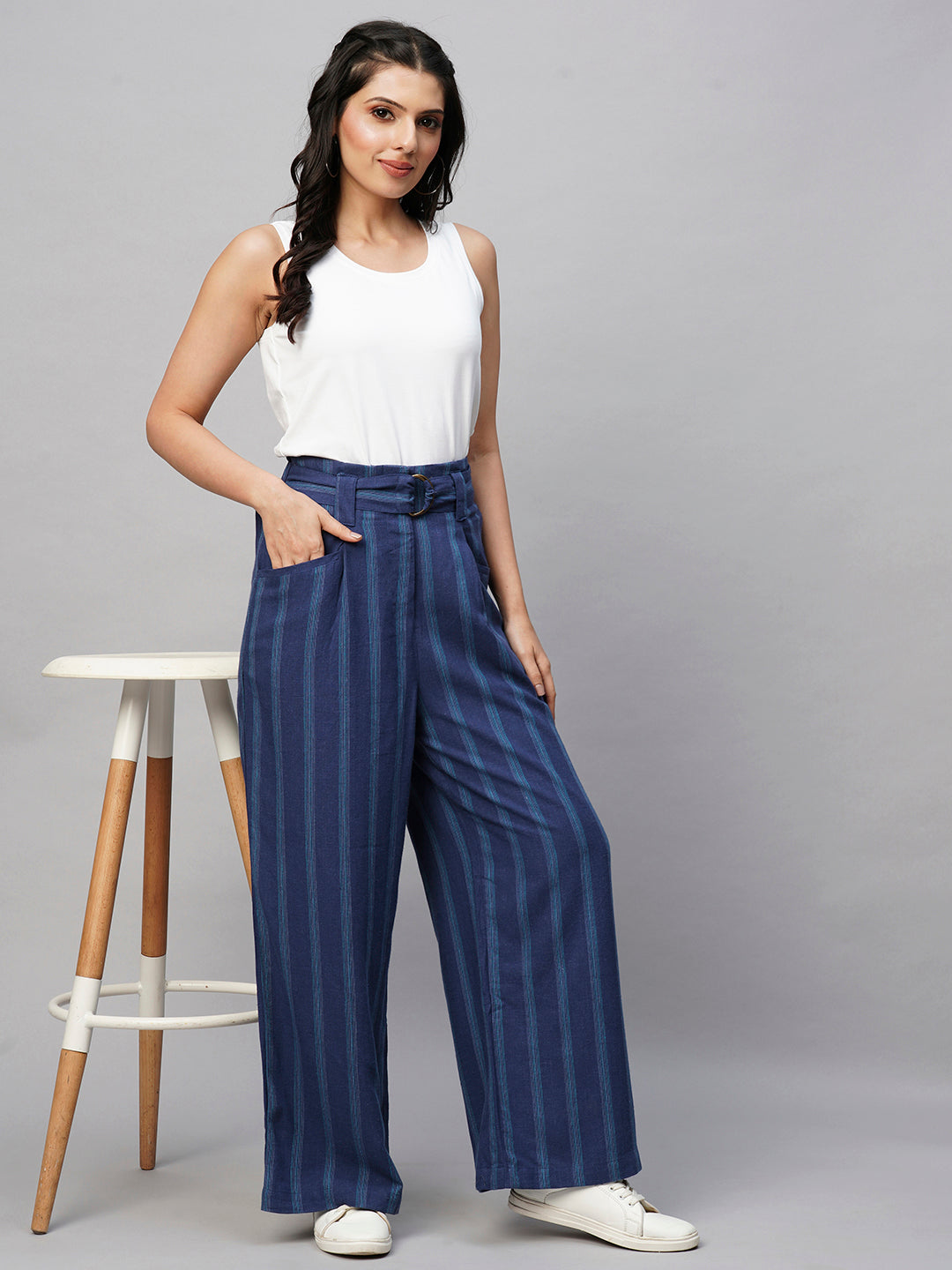 Women's Viscose Linen Blue Straight Fit Pant