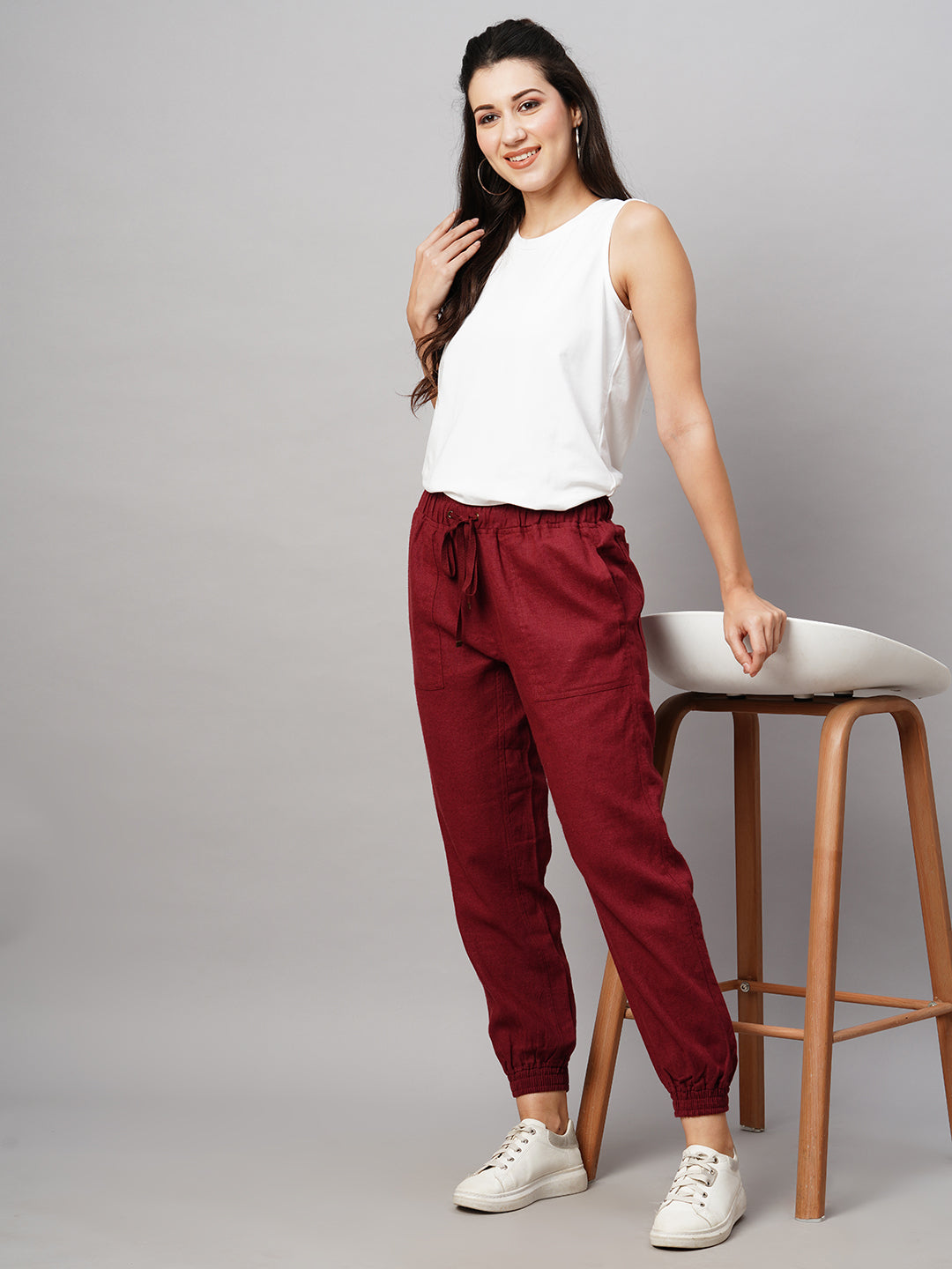 Women's Maroon/Red Linen Viscose Regular Fit Pant