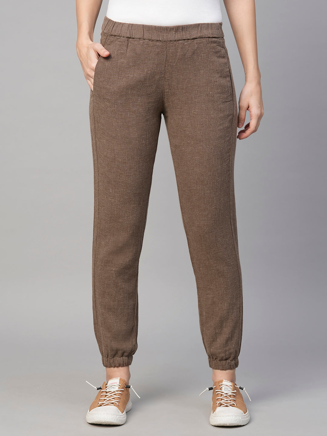 Women's Brown Linen Cotton Jogger Pant