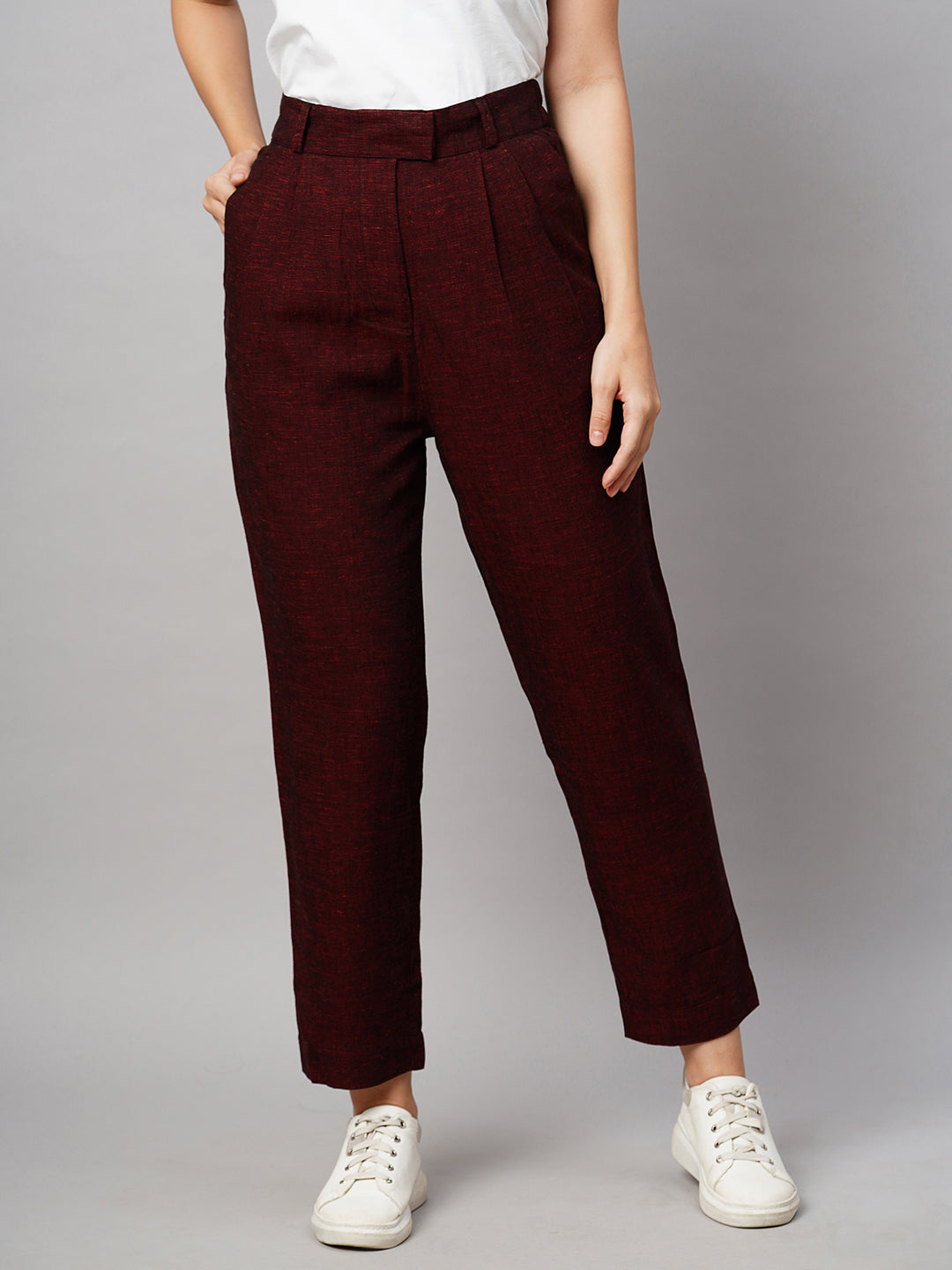 Women's Maroon/Red Viscose Linen Straight Fit Pant