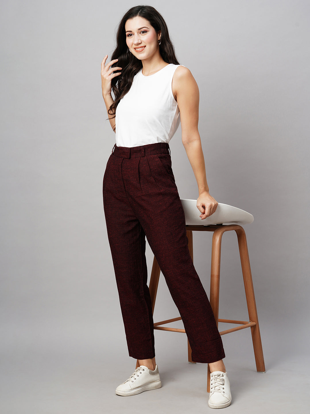 Women's Viscose Linen Maroon/Red Straight Fit Pant