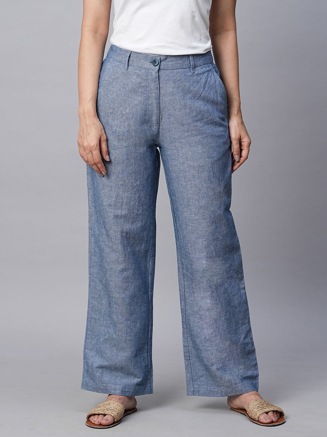 Women's Cotton Linen Blue Straight Fit Pant