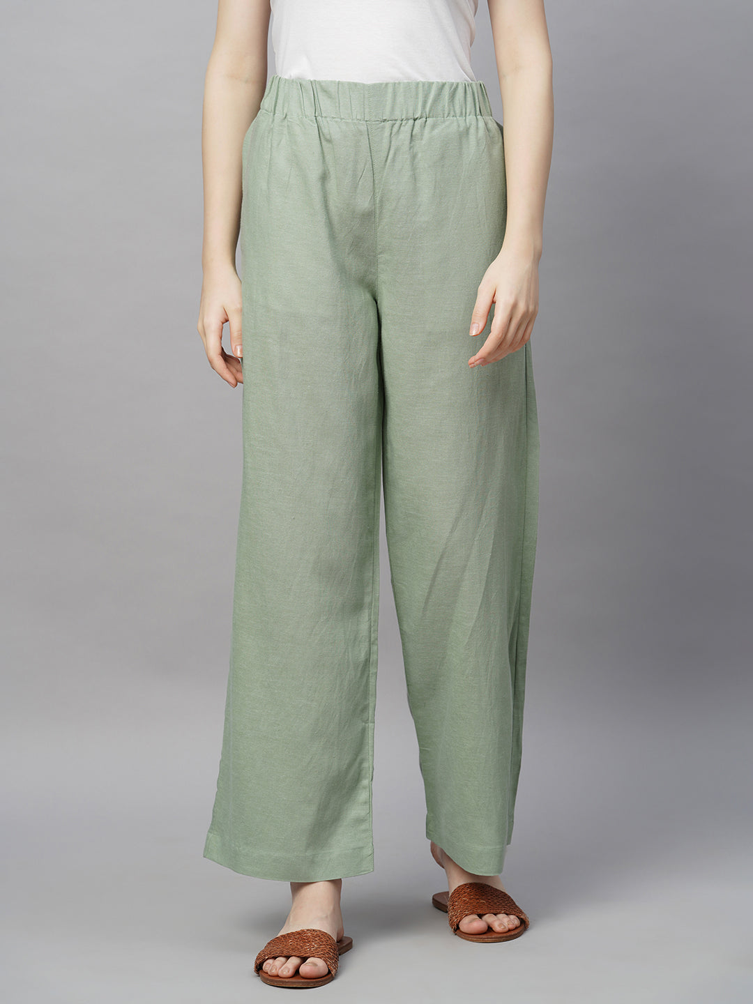Women's Viscose Linen Cotton Green Wide Leg Pant