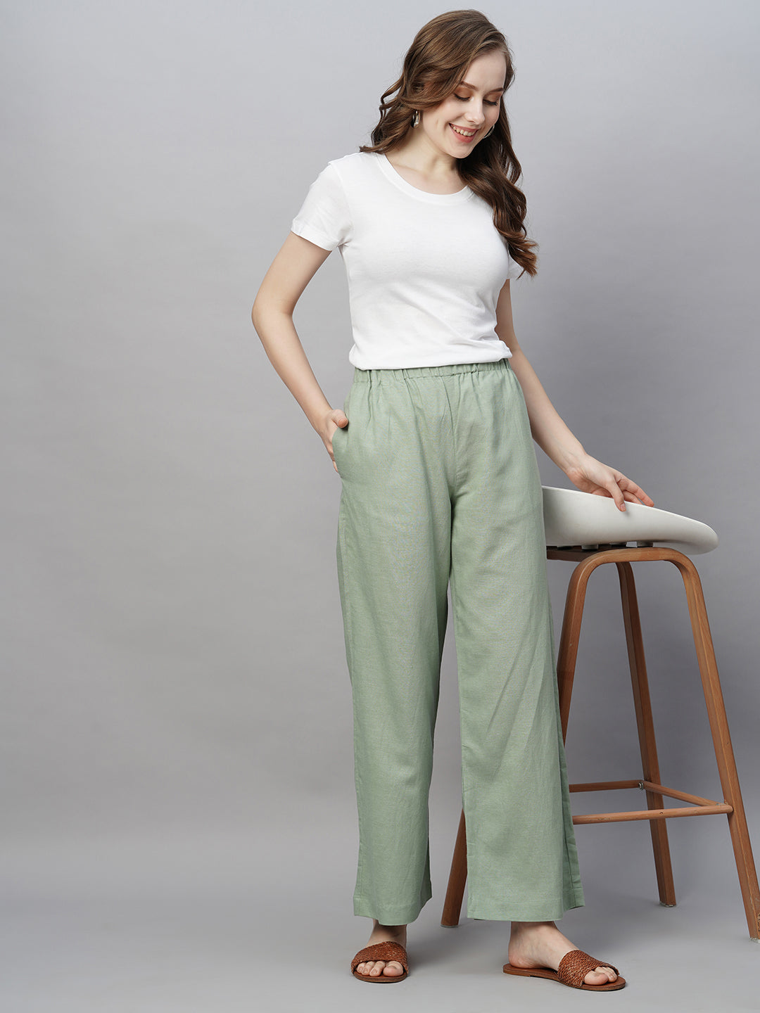Women's Viscose Linen Cotton Green Wide Leg Pant