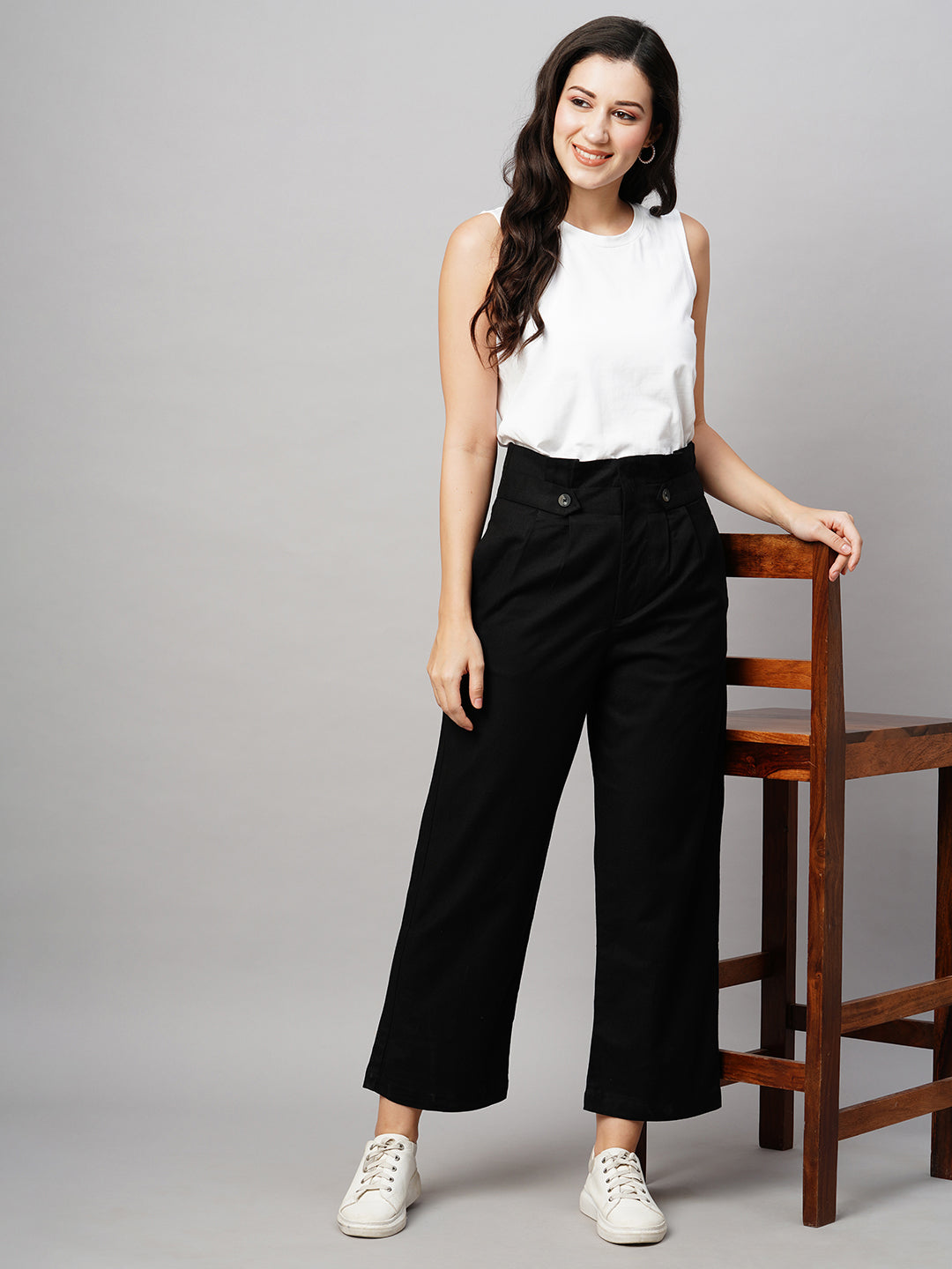 Women's Viscose Cotton Linen  Black Straight Fit Pant
